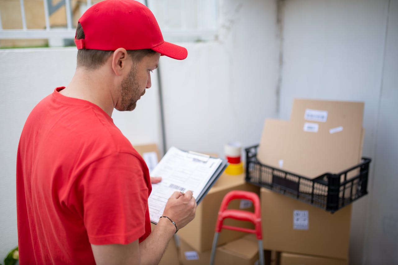 about-us Delivery person in red uniform checks packages. Outdoor location, Portugal.